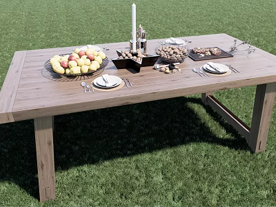 Outdoor Wooden Dining Table With Fruit Basket Candle Plates And Cutlery On Grass 3d model