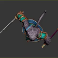 Game Fantasy Ape Warrior Character With Purple Fur Ornate Blue Red Armor And Sword
