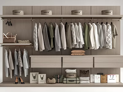 Stylish Modern Wardrobe Design With Hanging Clothes Drawers And Top Storage Shelves 3d model