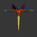 Humanoid Creature Character with Purple Wings Red Body Yellow Striped Abdomen and Silver Arm Devices
