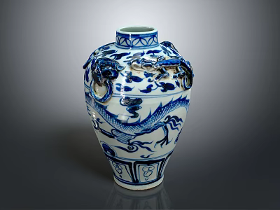 Chinese Blue and White Porcelain Vase With Traditional Plant Motifs And Dragon Patterns 3d model