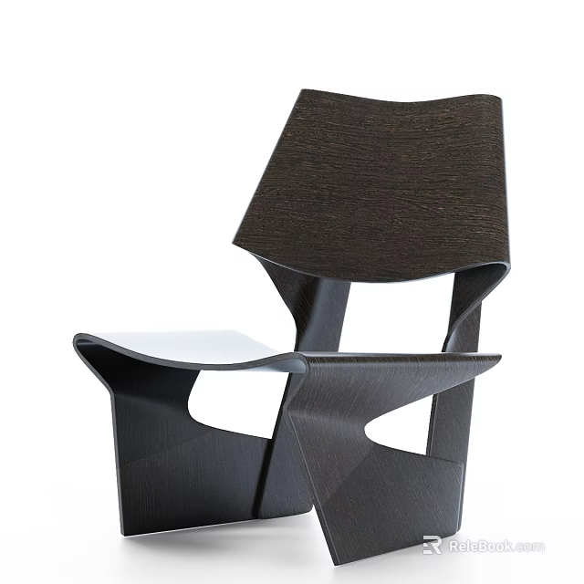 Modern Leisure Chair with Unique Geometric Shape Dark Wood Texture and Light Colored Seat 3d model 