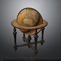 Antique Brown Globe With Detailed World Map On Carved Wooden Stand
