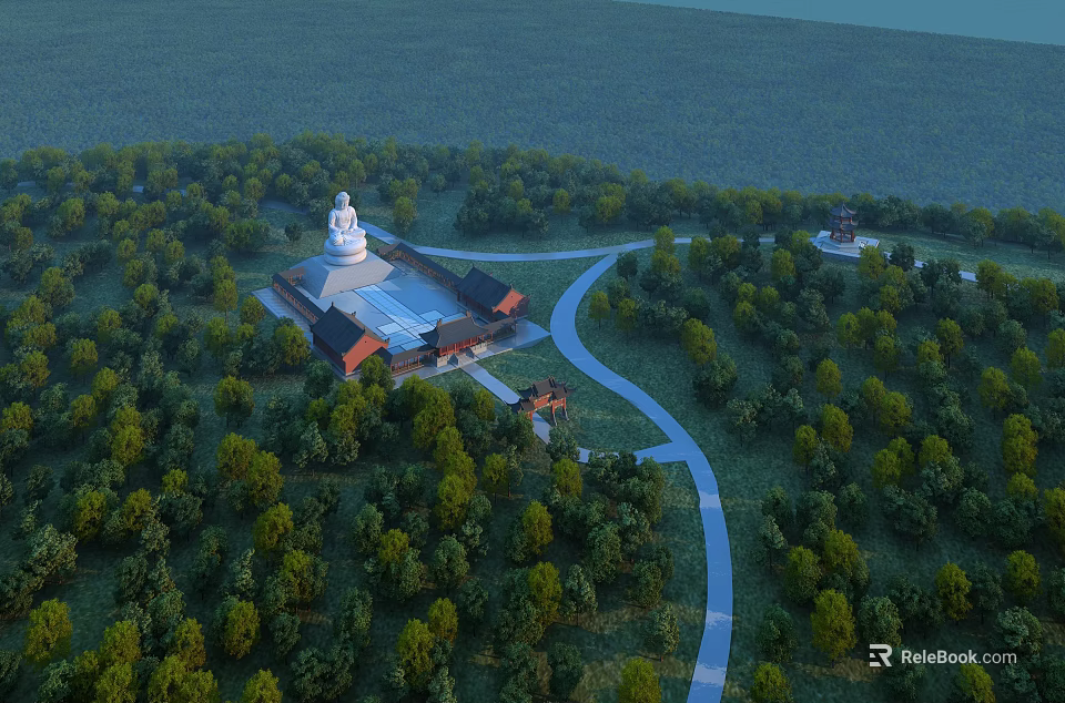 Ancient Architecture Complex Featuring White Pagoda And Traditional Roof In Lush Forest With Winding Pathway 3d model 