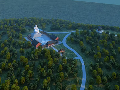 Ancient Architecture Complex Featuring White Pagoda And Traditional Roof In Lush Forest With Winding Pathway 3d model