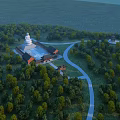 Ancient Architecture Complex Featuring White Pagoda And Traditional Roof In Lush Forest With Winding Pathway