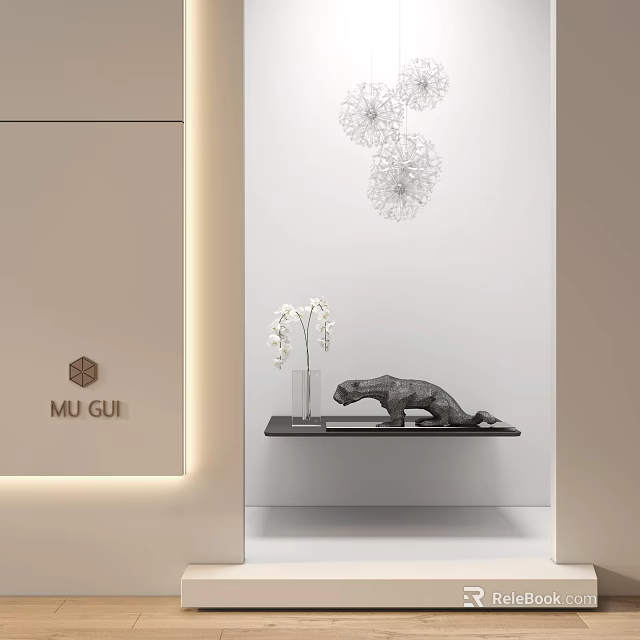 Wall Mounted Wire Flower Sculptures And Black Leopard Sculpture With White Orchid On Shelf 3d model 