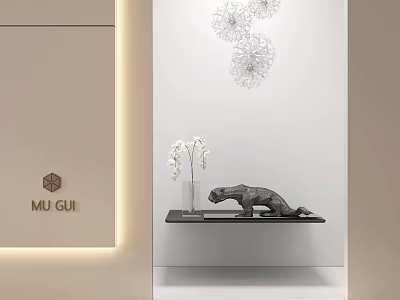 Wall Mounted Wire Flower Sculptures And Black Leopard Sculpture With White Orchid On Shelf 3d model