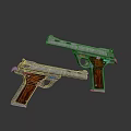 Two Silver Pistols With Wooden Grips And Metallic Body Structure Design