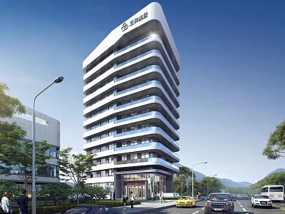 Modern Office Building Exterior In Urban Area With Traffic And Greenery 3d model