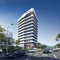 Modern Office Building Exterior In Urban Area With Traffic And Greenery