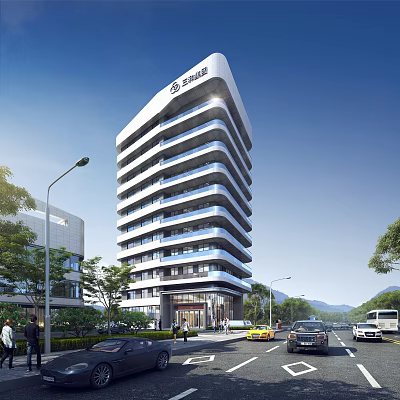 Modern Office Building Exterior In Urban Area With Traffic And Greenery 3d model