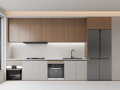 Modern Kitchen With Natural Wood Cabinets White Countertop And Stainless Steel Appliances 3d model