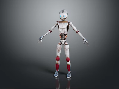 White Mechanical Robot Character with Red Joints Silver Head and Blue Feet Design Features 3d model
