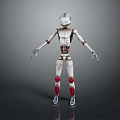 White Mechanical Robot Character with Red Joints Silver Head and Blue Feet Design Features