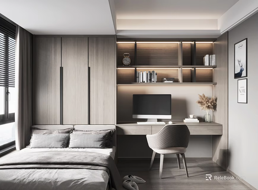 Modern Tatami Bedroom Interior With Wooden Desk Bookshelf Computer Window And Wall Art 3d model 