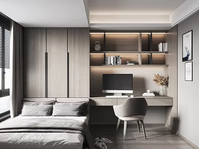 Modern Tatami Bedroom Interior With Wooden Desk Bookshelf Computer Window And Wall Art 3d model