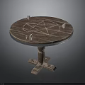 Round Wooden Table With Pentagram Symbol And Candles On Dark Background