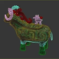 Decorative Furniture Accent With Bronze Animal Sculpture And Intricate Green Patterns