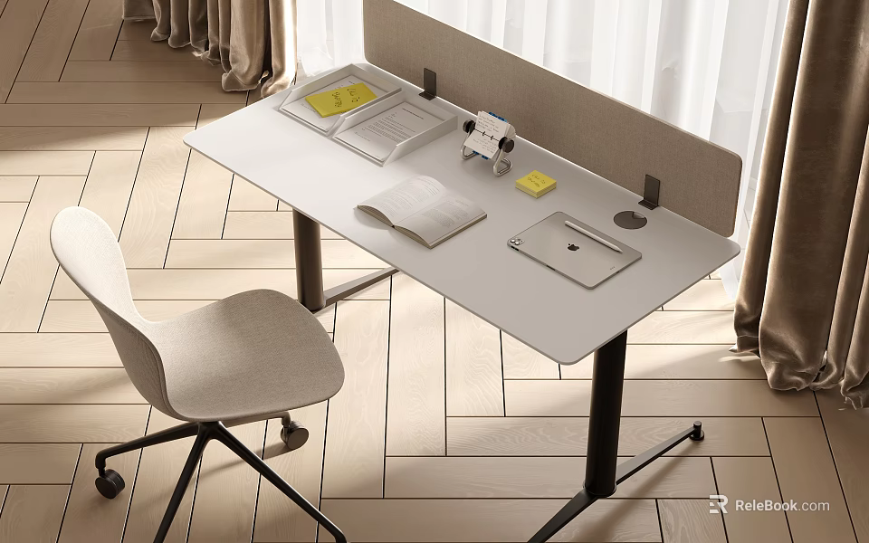White Modern Desk With Open Notebook Yellow Sticky Notes Gray Mouse Pad And Rolling Chair 3d model