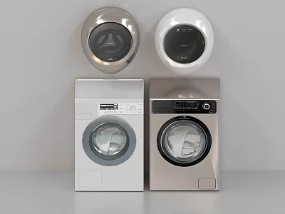 Modern White And Silver Front Load Washing Machines With Digital Control Panels 3d model