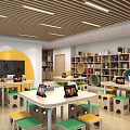 School Modern Classroom With Yellow Walls Wooden Ceiling Large Windows Tablets And Natural Light