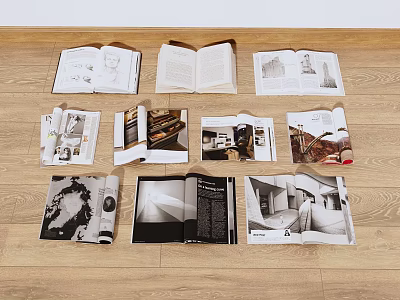 Open Books Featuring Black And White Photos Text And Architectural Images On Wooden Floor 3d model