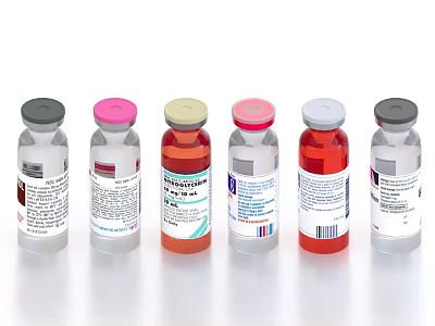 Household Medical Bottles With Different Colored Caps Transparent Bodies And Labels 3d model