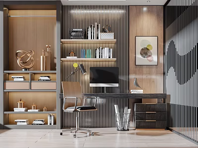 Modern Home Office Desk With Ergonomic Chair Computer Monitor Shelves Books And Wooden Wall 3d model