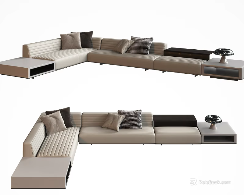 Modern Sectional Sofa With Plush Decorative Pillows And Modular Side Tables Design 3d model