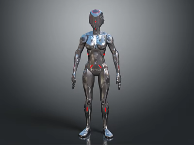 Humanoid Robot Character With Sleek Silver Black Metallic Body Red Accents And Standing Pose 3d model