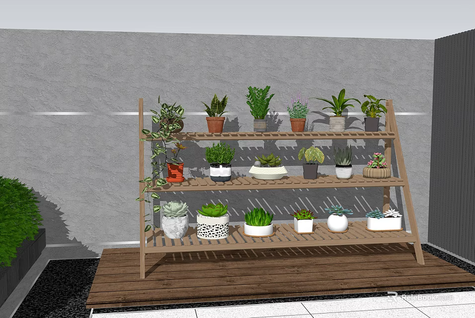 Multi tiered Wooden Shelf Displaying Various Bonsai and Potted Plants for Indoor Decor 3d model 