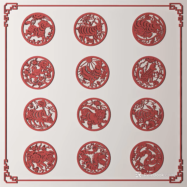 Traditional Red Circular Carvings With Intricate Animal Patterns On White Decorative Panel 3d model 