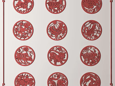 Traditional Red Circular Carvings With Intricate Animal Patterns On White Decorative Panel 3d model