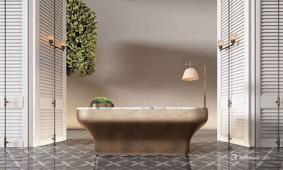 Metallic Reception Desk With Marble Top White Louvered Doors Green Plant Decor And Floor Lamp 3d model 