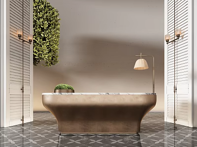 Metallic Reception Desk With Marble Top White Louvered Doors Green Plant Decor And Floor Lamp 3d model