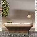 Metallic Reception Desk With Marble Top White Louvered Doors Green Plant Decor And Floor Lamp