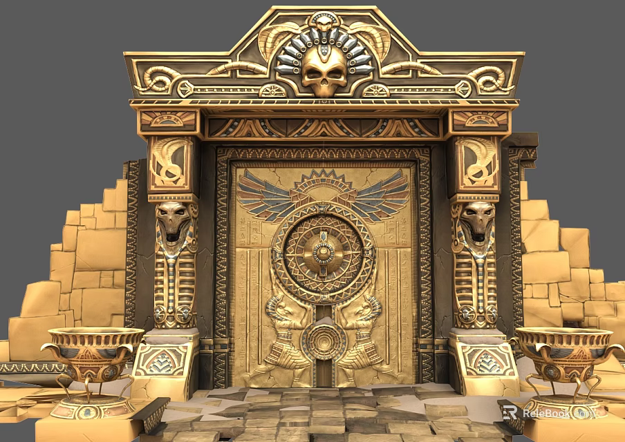Egyptian Style Ancient Door With Golden Carvings Lion Headed Statues And Pyramid Bricks 3d model 