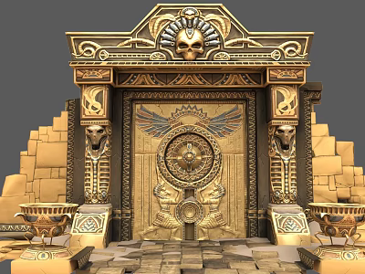 Egyptian Style Ancient Door With Golden Carvings Lion Headed Statues And Pyramid Bricks 3d model