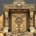 Egyptian Style Ancient Door With Golden Carvings Lion Headed Statues And Pyramid Bricks