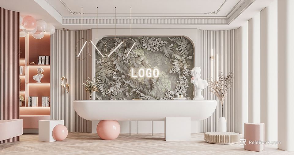 Modern Store Reception Desk With Floral Wall LOGO Hanging Lights And Pink Decorative Balls 3d model 