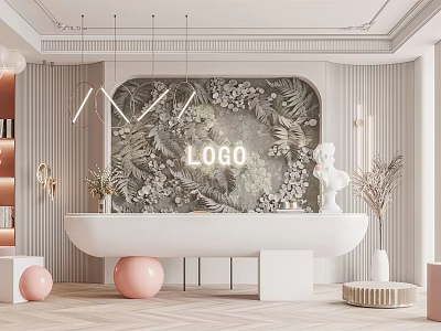 Modern Store Reception Desk With Floral Wall LOGO Hanging Lights And Pink Decorative Balls 3d model