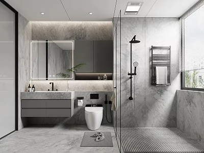 Modern Bathroom Interior With Marble Walls Shower Area Vanity Mirror And Toilet 3d model