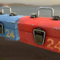 Blue And Red Hardware Toolboxes With Number 24 For Professional Use