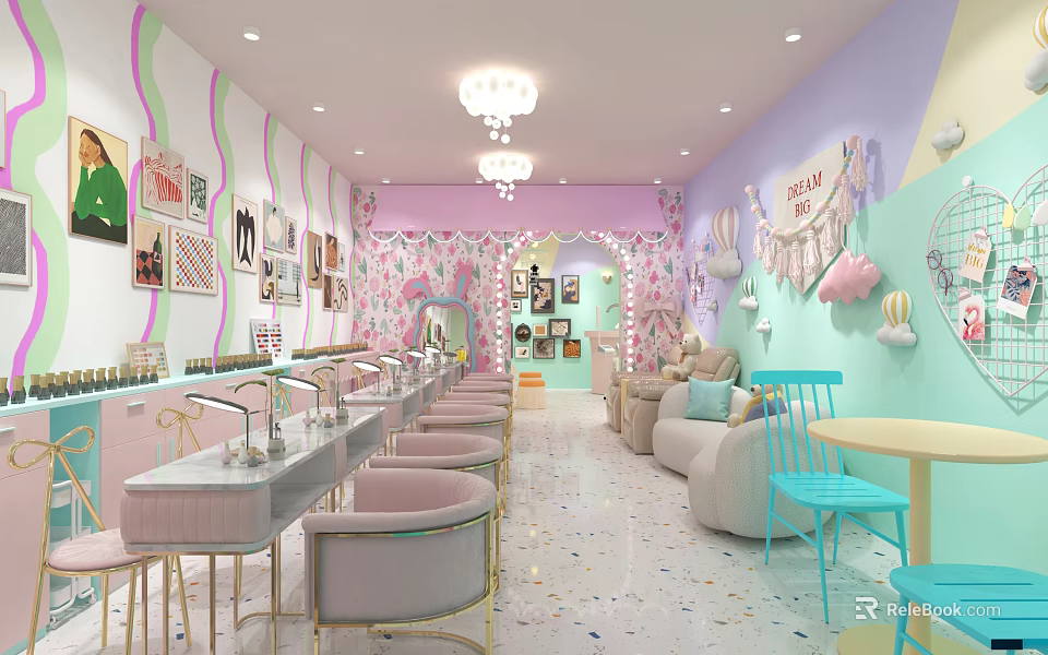 Cozy Cute Bubble Tea Shop Interior With Pink Lavender Walls Chandeliers Posters Tables And Chairs 3d model 