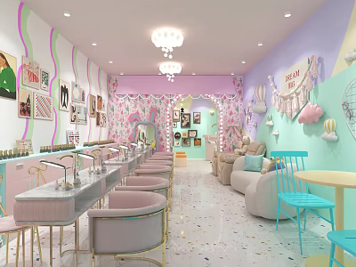 Cozy Cute Bubble Tea Shop Interior With Pink Lavender Walls Chandeliers Posters Tables And Chairs 3d model