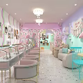 Cozy Cute Bubble Tea Shop Interior With Pink Lavender Walls Chandeliers Posters Tables And Chairs
