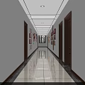 Modern Office Corridor With Wooden Doors Wall Decor And Ceiling Lights 3d model