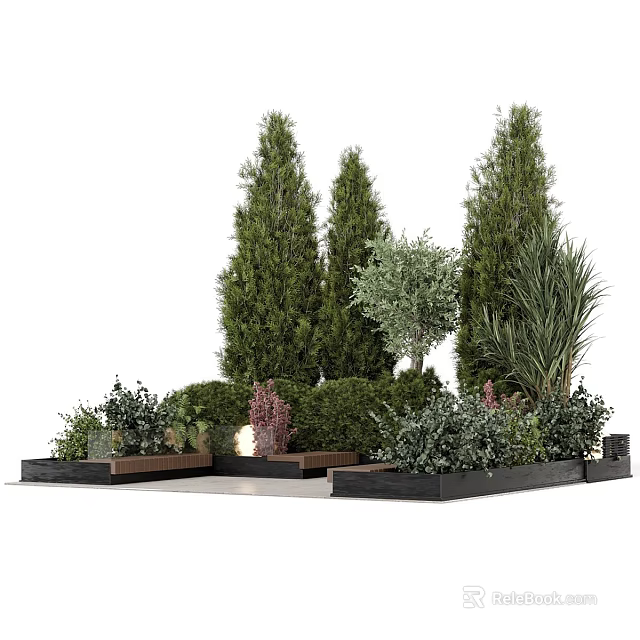Stylish Tree Planter With Tall Trees Shrubs And Various Small Plants Design 3d model 