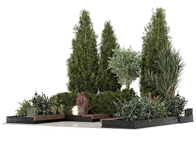 Stylish Tree Planter With Tall Trees Shrubs And Various Small Plants Design 3d model